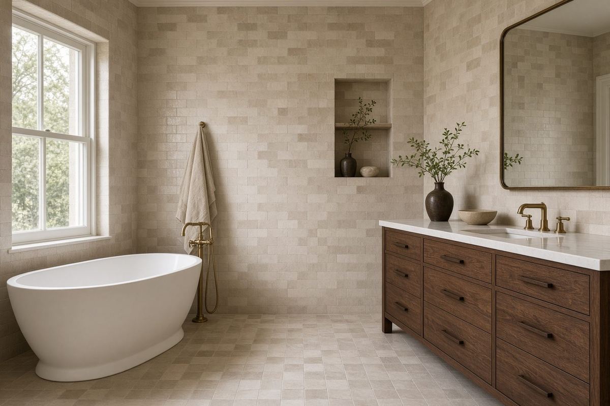 A renovated bath with handmade tile, a freestanding tub, and a walnut vanity.