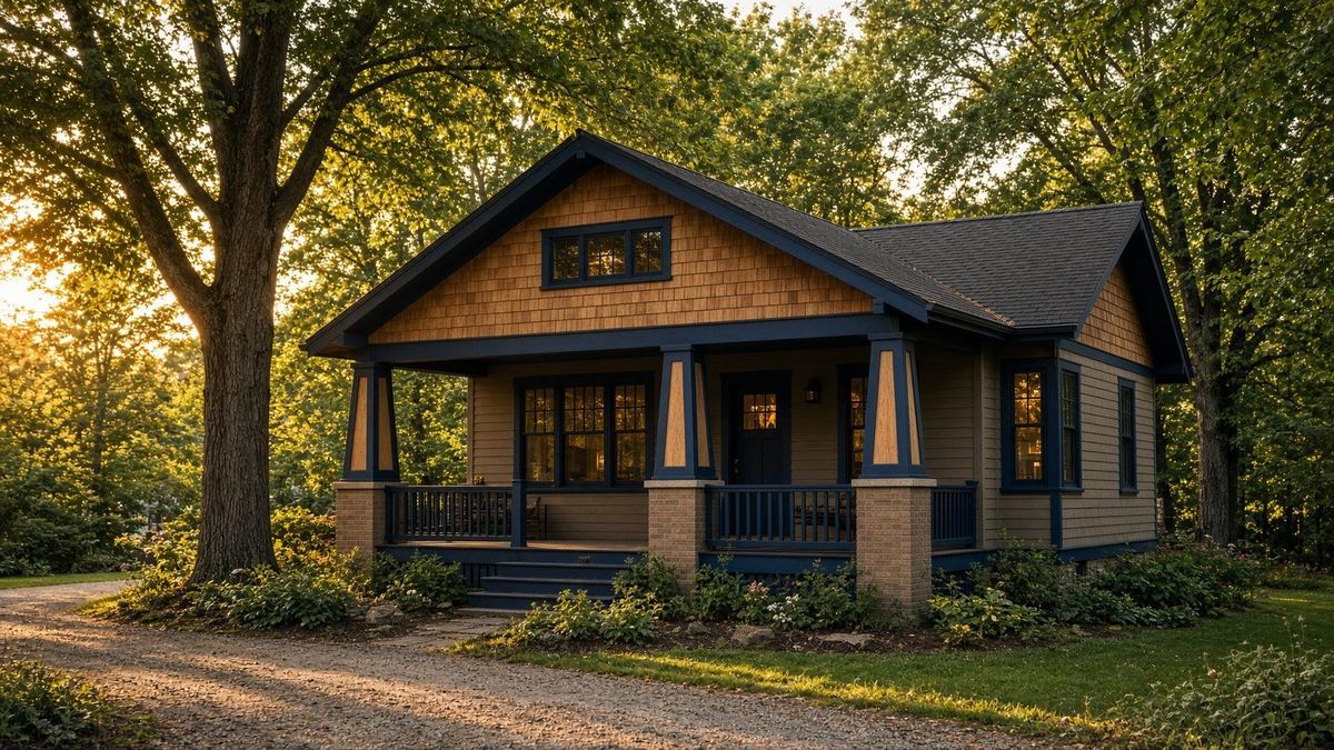 A restored 1940s bungalow with a rebuilt craftsman porch at golden hour.