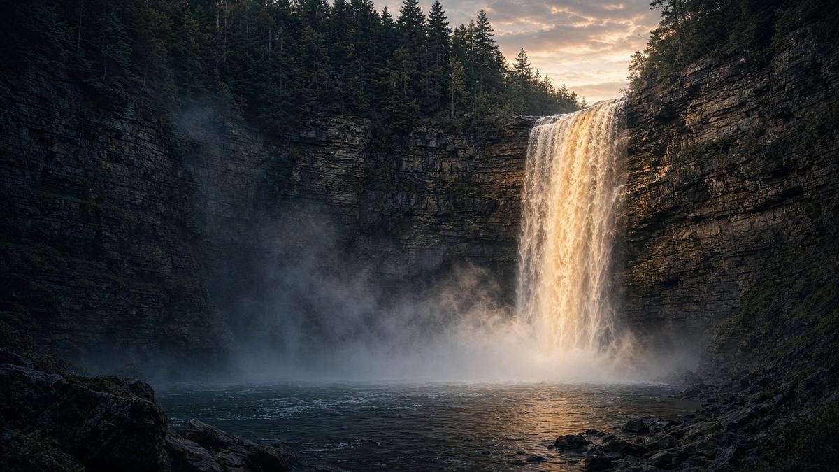 A Finger Lakes gorge waterfall at dawn, shale cliffs and dark pines.