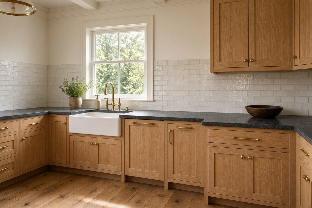 A finished craftsman kitchen with white oak cabinets, soapstone counters, and morning light.