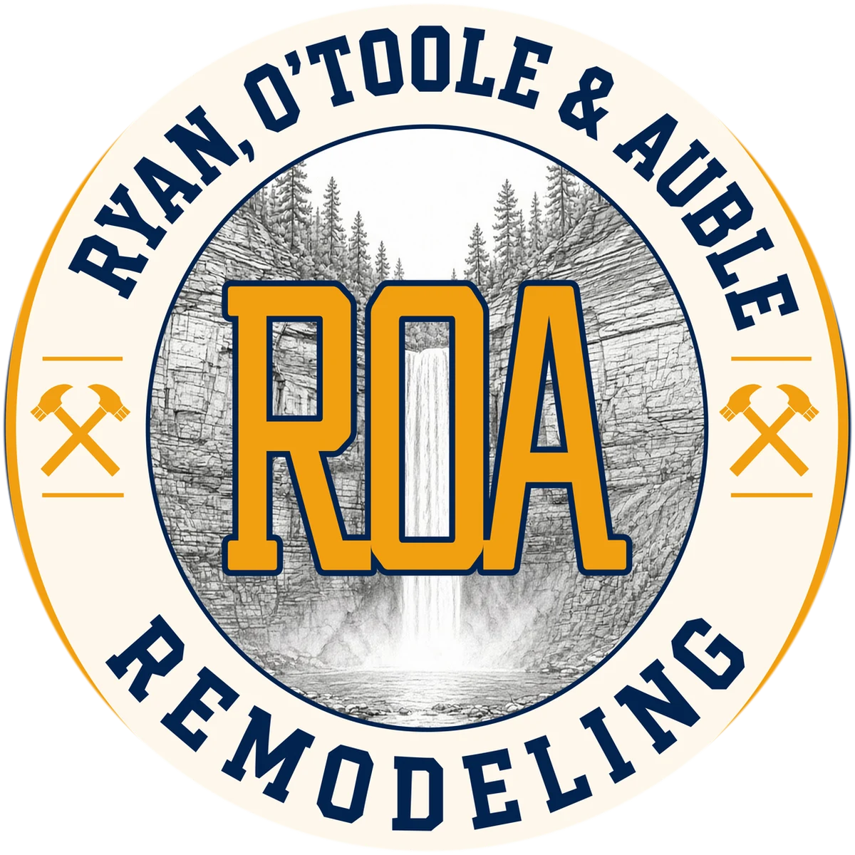 ROA seal: gold ROA letters over a Finger Lakes waterfall, ringed by Ryan, O’Toole & Auble Remodeling.