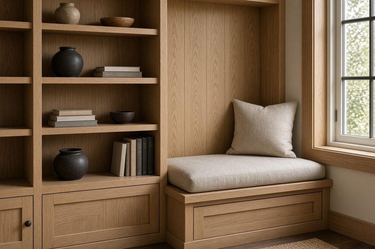Custom white oak built-in bookshelves and a window seat with oil-finished grain.